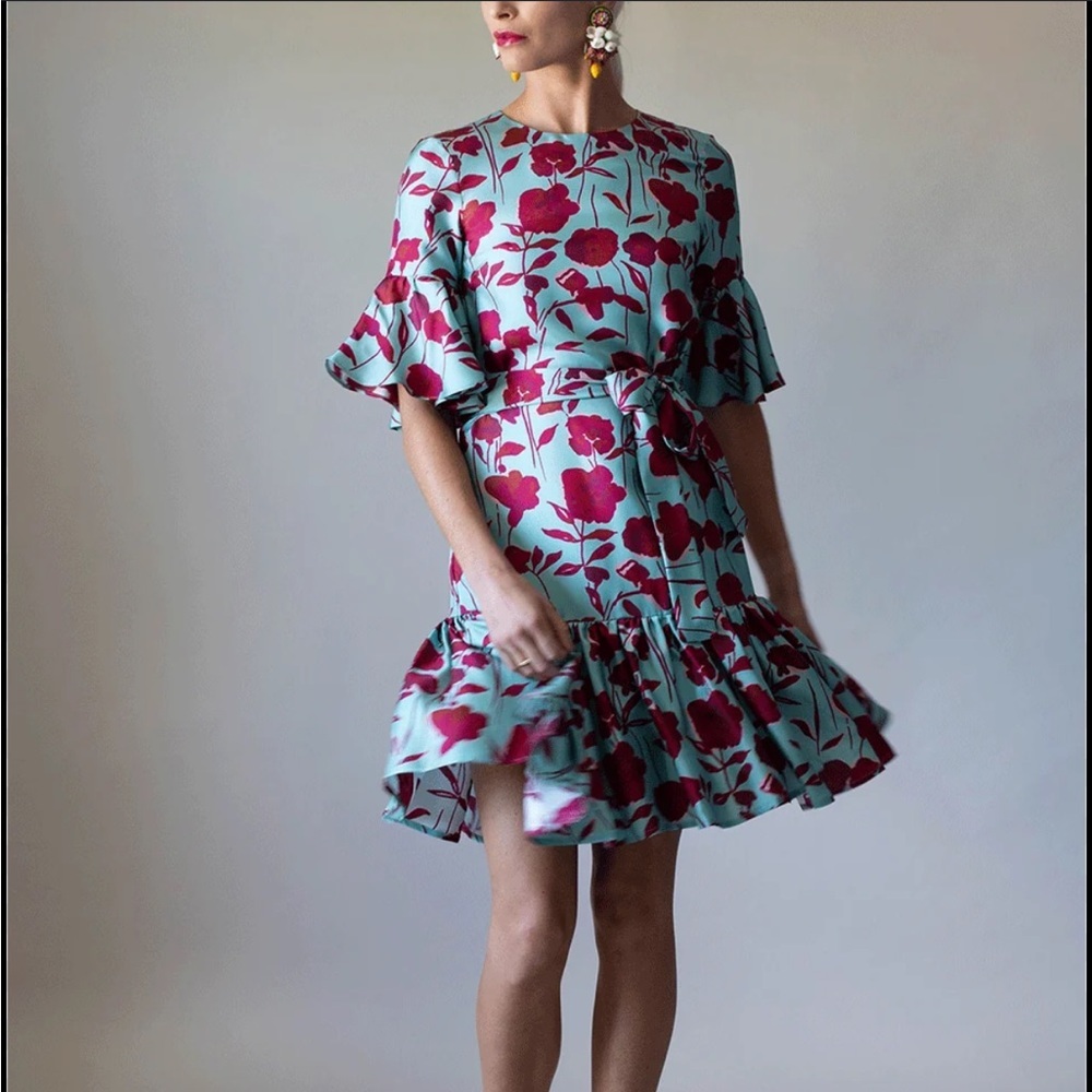 La Double J- Teal and Burgundy Devon Floral Shortsleeve Mini Dress